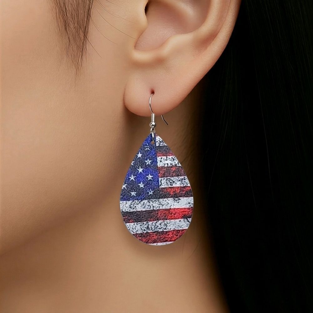 American Flag Earrings Patriotic USA Faux Leather Teardrop Dangle Jewelry NWT